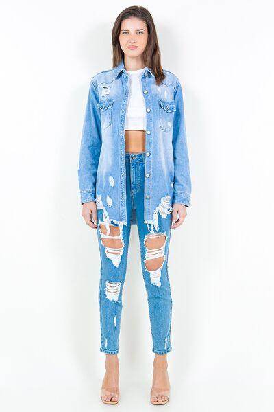 American Bazi Frayed Hem Distressed Denim Shirt Jacket - Selvanelle