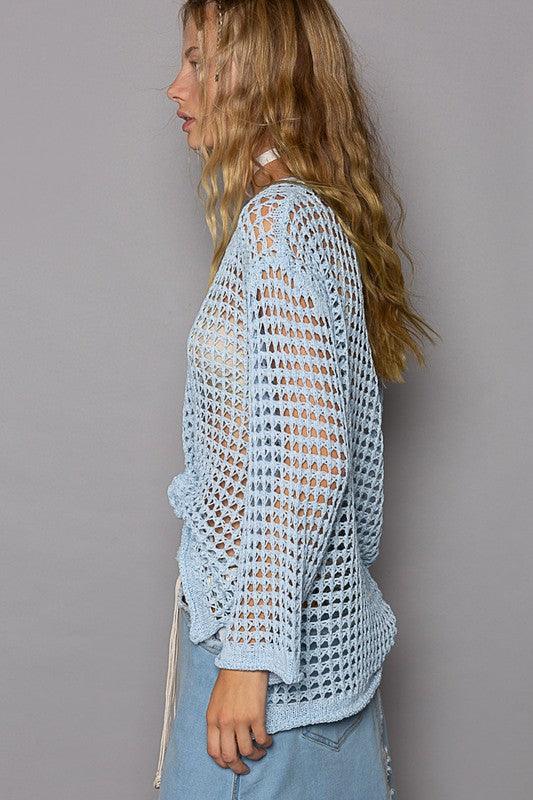 POL Side Slit Openwork Long Sleeve Knit Cover Up Dress