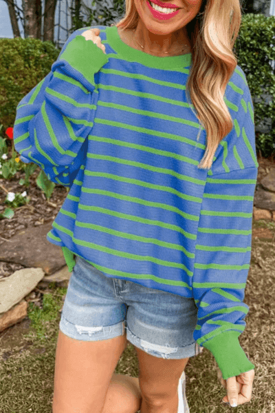 Striped Round Neck Long Sleeve Sweater for Women Fashion - Selvanelle