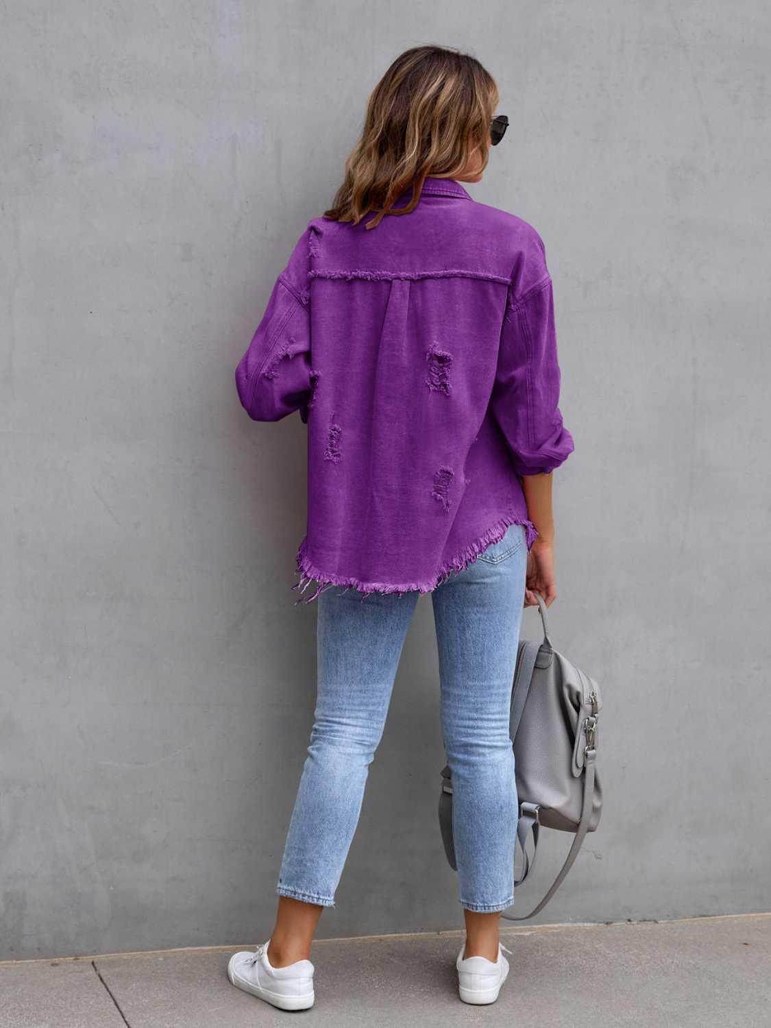 Distressed Drop Shoulder Denim Jacket for Casual Style - Selvanelle