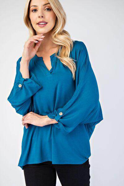 Celeste Full Size Notched Three-Quarter Sleeve Blouse for Women - Selvanelle