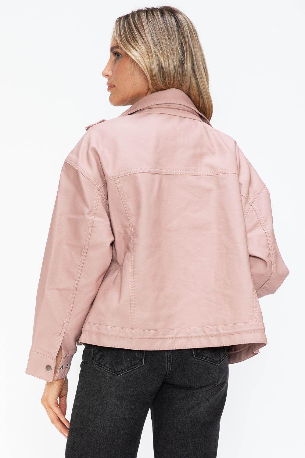 How Dare U Drawstring Hem PU Leather Zip Up Jacket for Women - Selvanelle