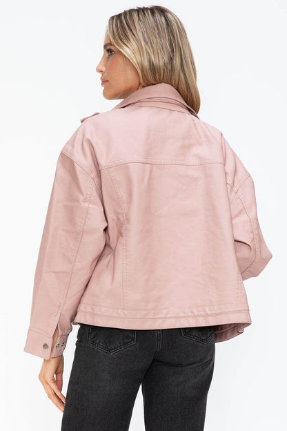 How Dare U Drawstring Hem PU Leather Zip Up Jacket for Women - Selvanelle