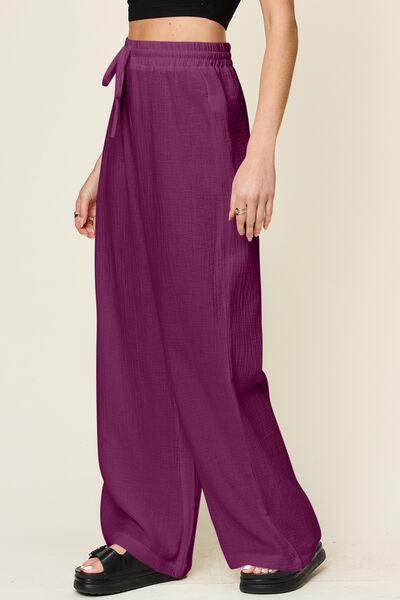 Double Take Full Size Texture Drawstring Wide Leg Pants - Selvanelle