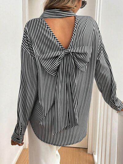 Cutout Bow Back Striped Collared Neck Long Sleeve Shirt - Selvanelle