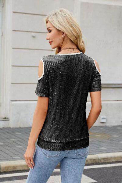 Sequin Crisscross V-Neck Cold Shoulder Blouse for Women - Selvanelle