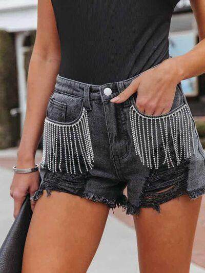 Distressed Fringe Denim Shorts with Pockets for Women - Selvanelle