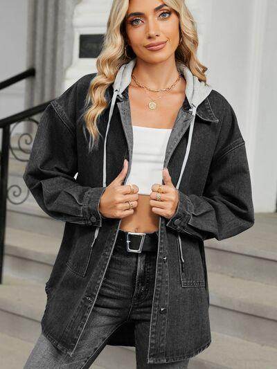 Removable Hood Button Up Long Sleeve Denim Jacket for Women - Selvanelle