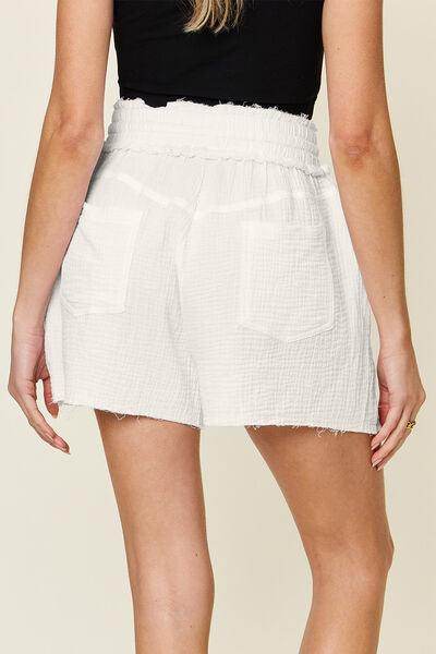 Double Take Full Size Texture Raw Trim Drawstring Shorts - Selvanelle