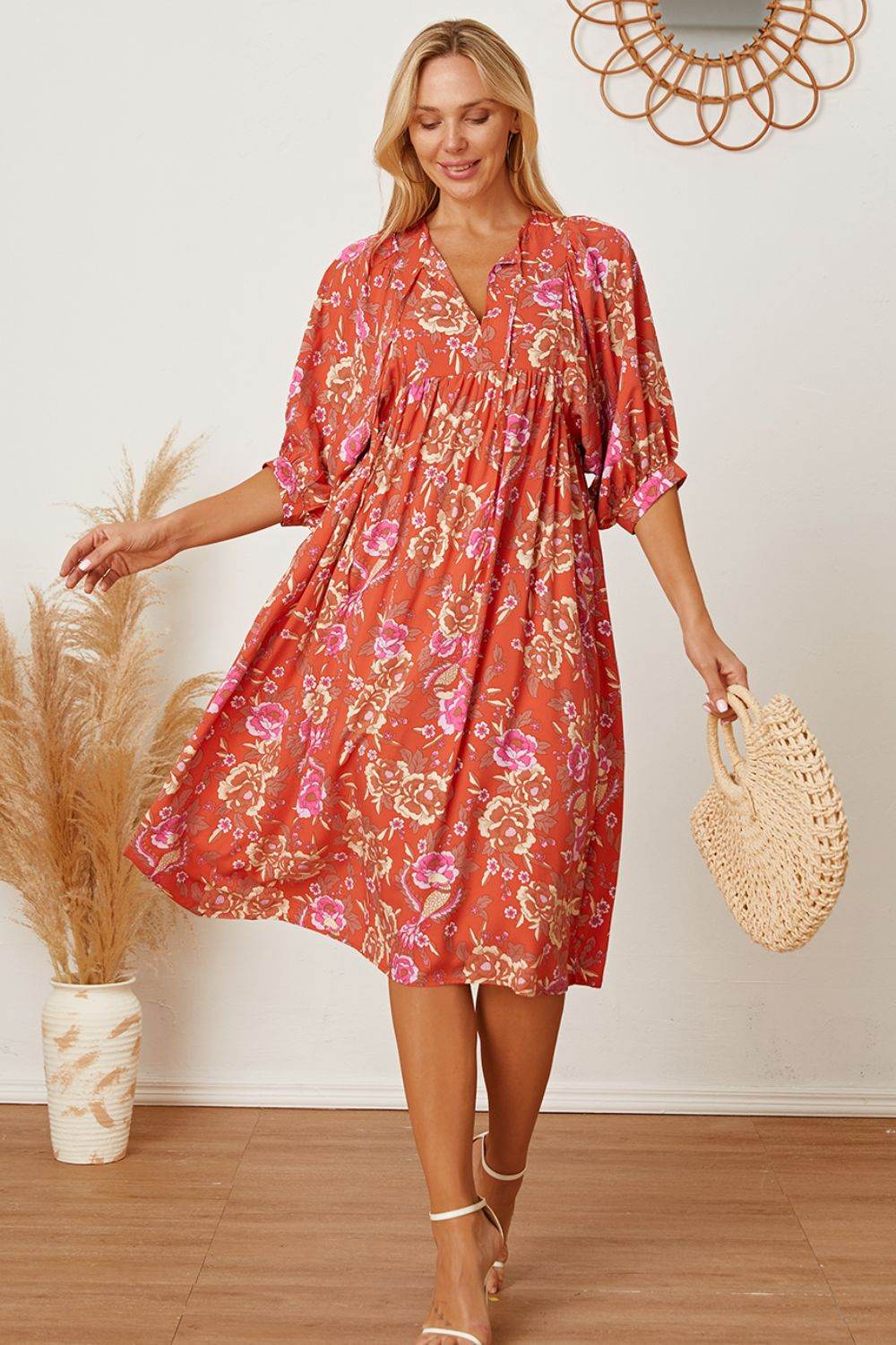 Floral Tie Neck Half Sleeve Dress - Selvanelle