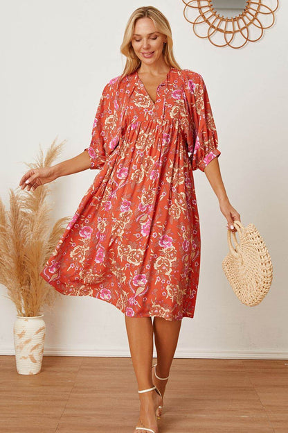 Floral Tie Neck Half Sleeve Dress - Selvanelle