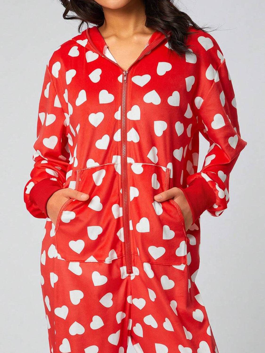 Printed Zip Up Long Sleeve Hooded Jumpsuit - Selvanelle