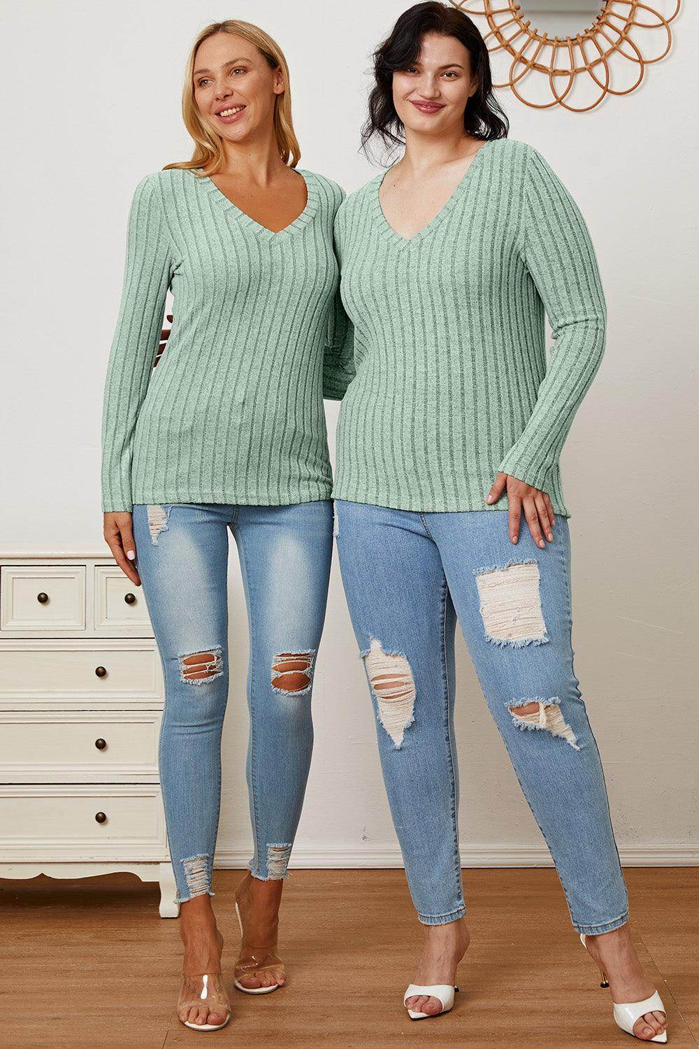Basic Bae Full Size Ribbed V-Neck Long Sleeve T-Shirt - Selvanelle