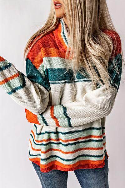 Contrast Striped Turtleneck Dropped Shoulder Sweater for Women - Selvanelle