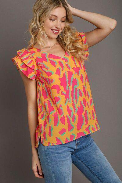 Umgee Full Size Abstract Print V-Neck Ruffle Sleeve Blouse - Selvanelle