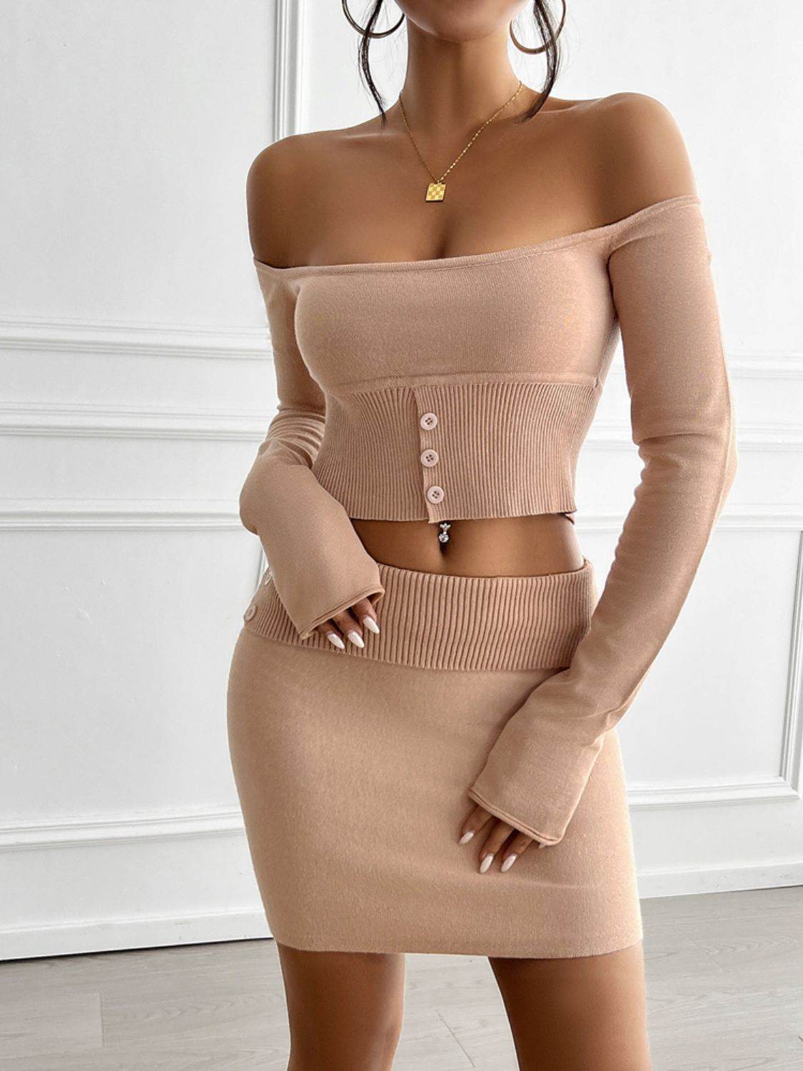 Devine Decorative Button Off-Shoulder Top and Skirt Set - Selvanelle
