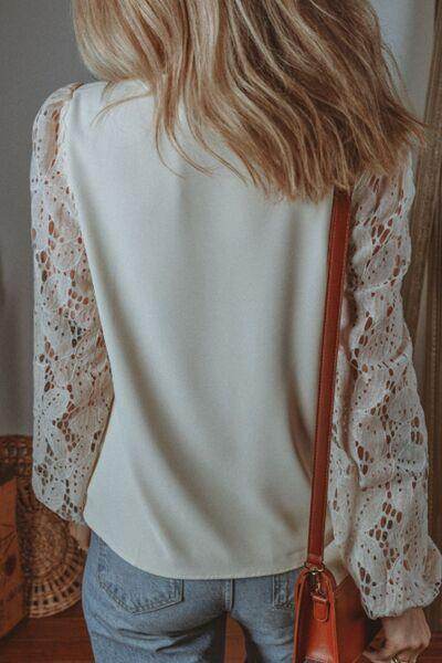 V Neck Lace Balloon Sleeve Blouse for Stylish Women - Selvanelle