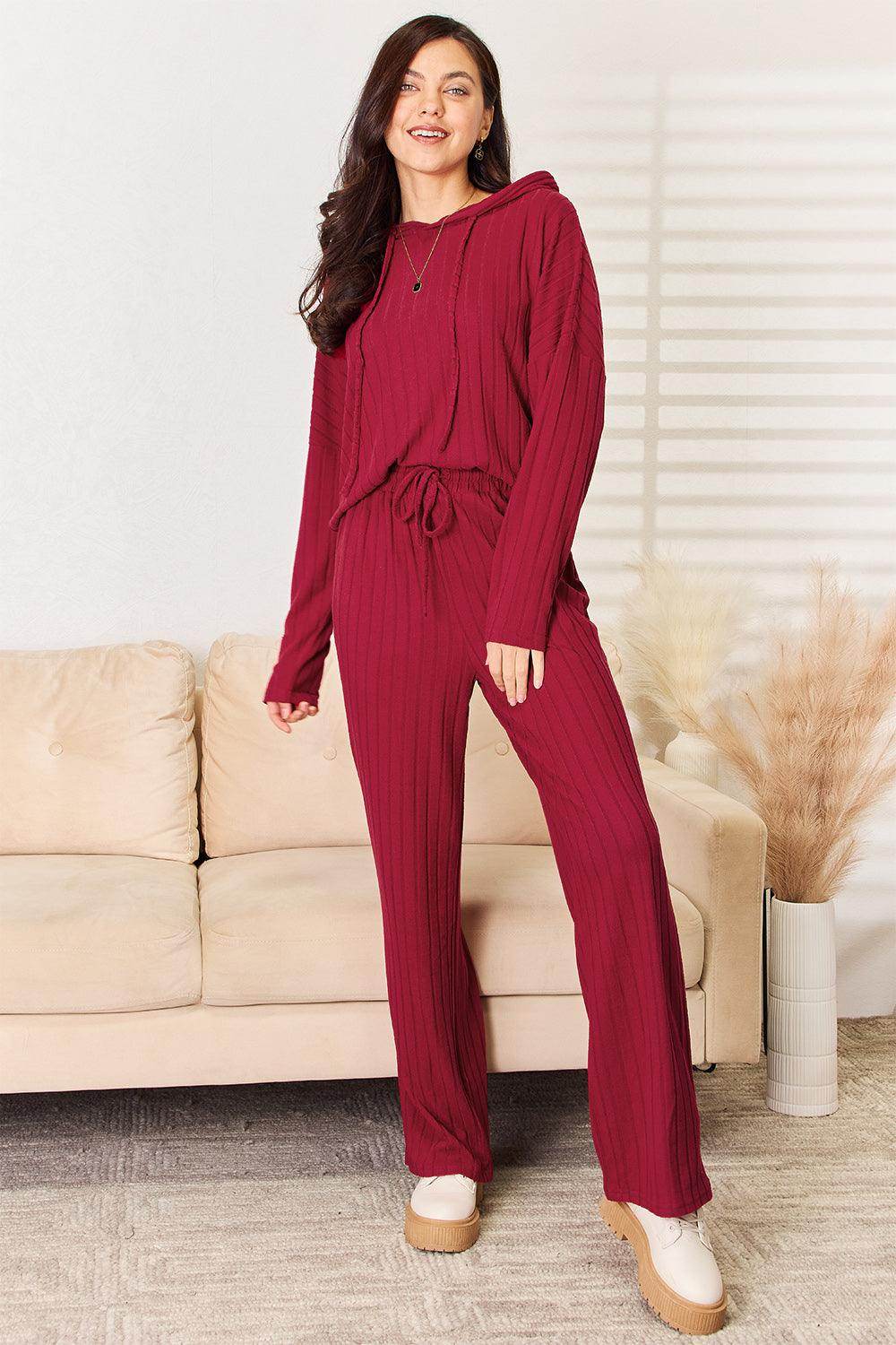Basic Bae Full Size Ribbed Drawstring Hooded Top Set - Selvanelle