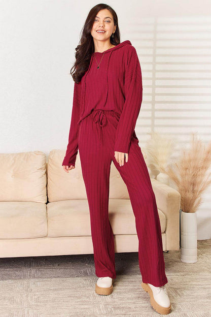 Basic Bae Full Size Ribbed Drawstring Hooded Top Set - Selvanelle