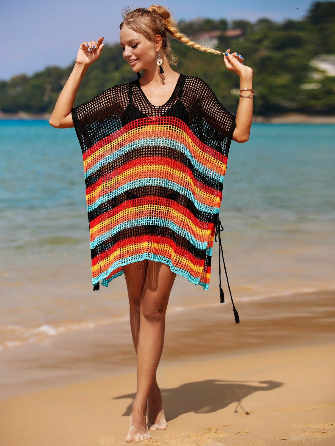 Angel Wings Cutout Striped Cover-Up with Tassel - Selvanelle