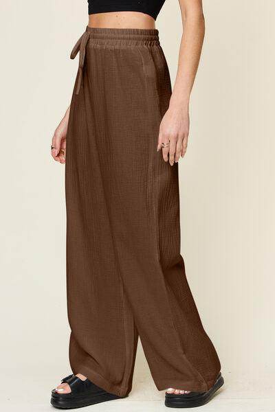 Double Take Full Size Texture Drawstring Wide Leg Pants - Selvanelle