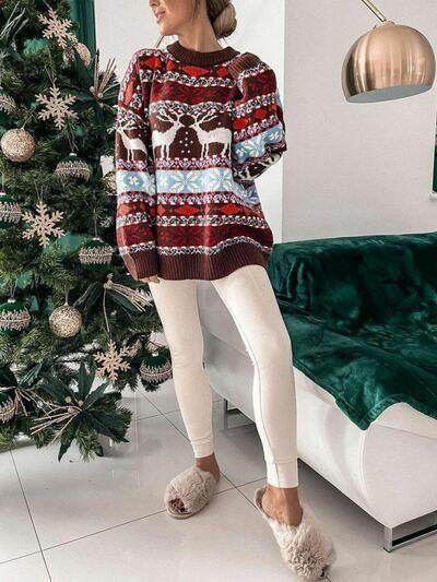 Geometric Round Neck Dropped Shoulder Sweater for Women - Selvanelle