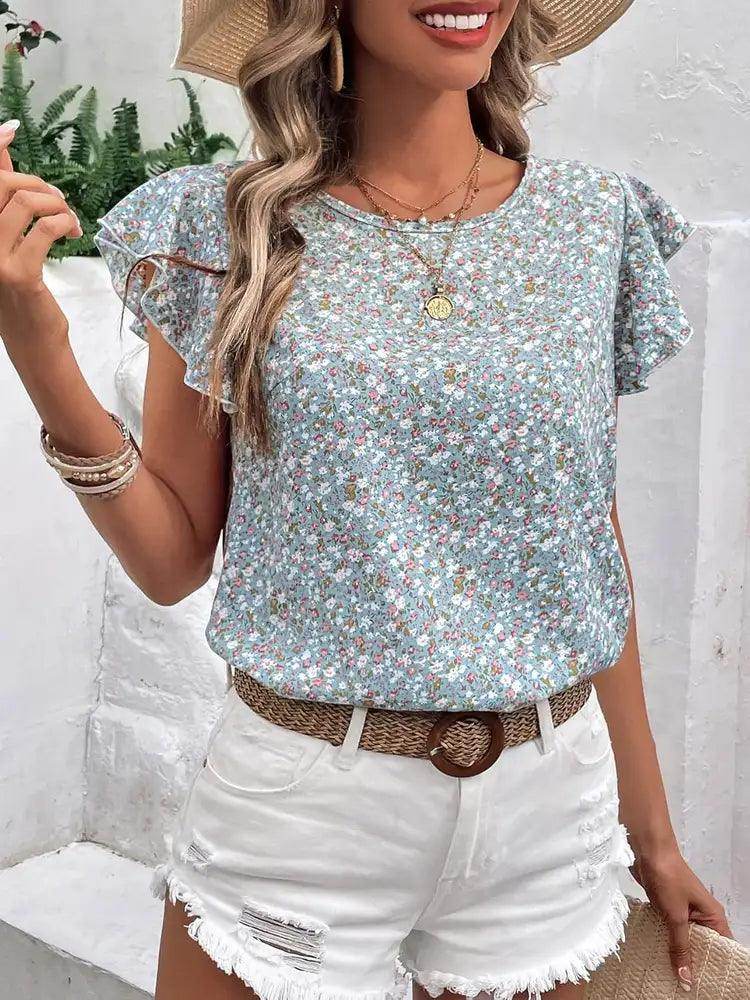 Ditsy Floral Round Neck Cap Sleeve Top for Women - Selvanelle