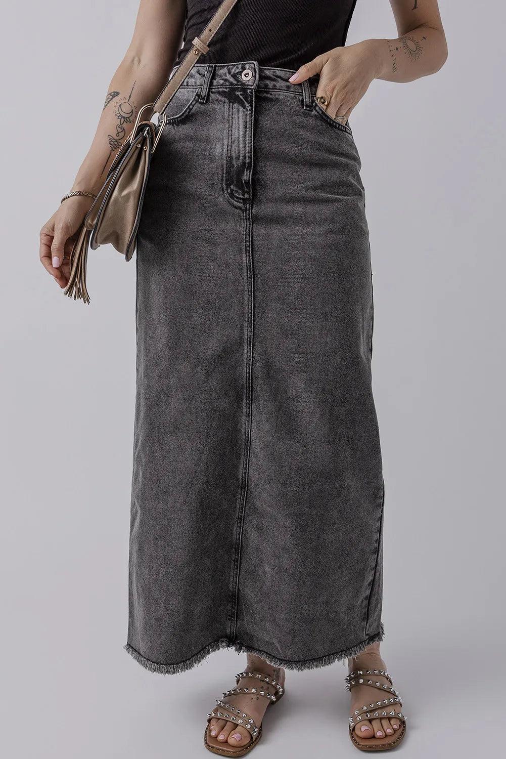 Raw Hem Midi Denim Skirt with Pockets for Women