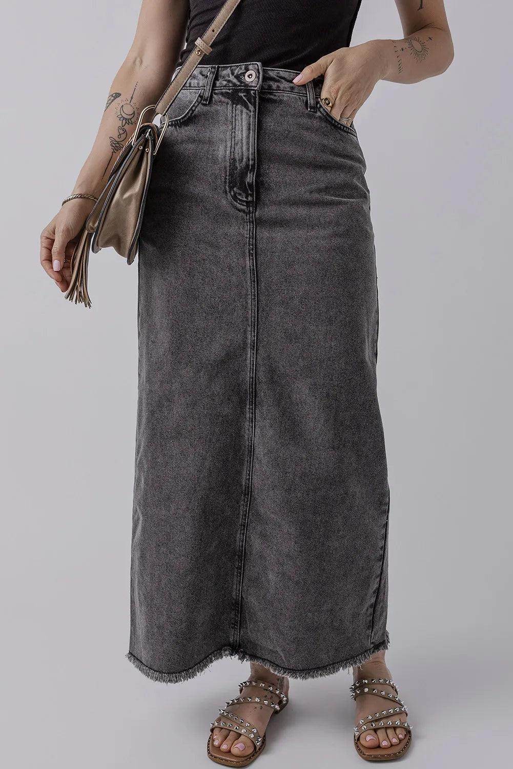 Raw Hem Midi Denim Skirt with Pockets for Women - Selvanelle