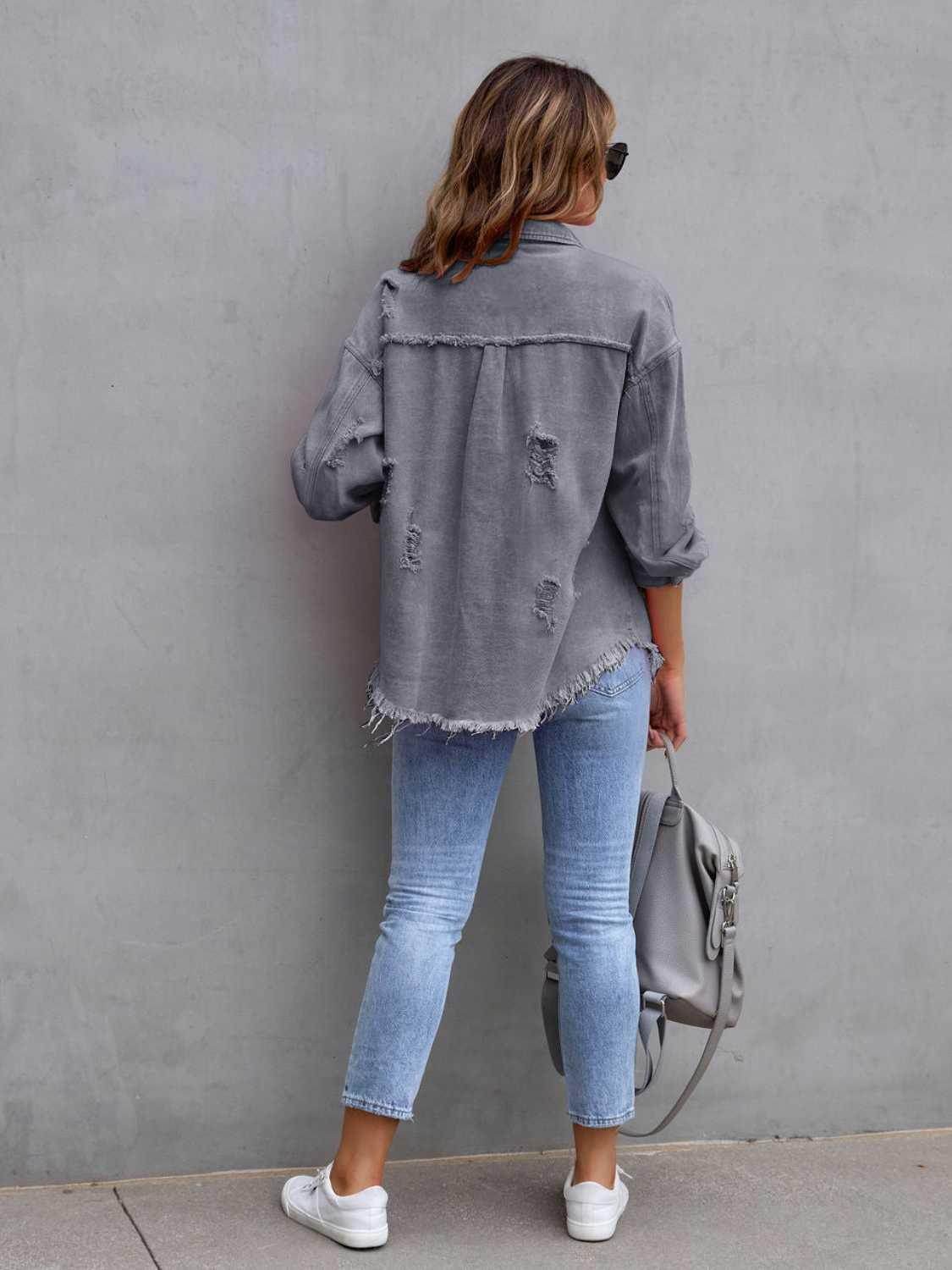 Distressed Drop Shoulder Denim Jacket for Casual Style - Selvanelle