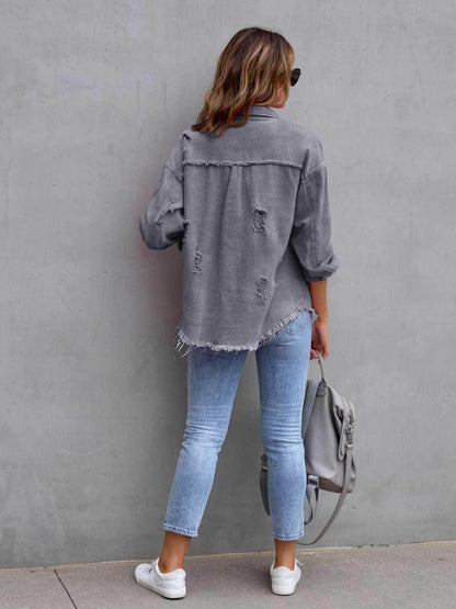 Distressed Drop Shoulder Denim Jacket for Casual Style - Selvanelle