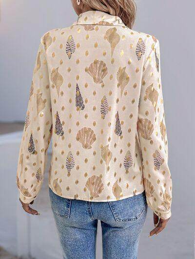 Perfee Printed Collared Neck Long Sleeve Shirt for Women - Selvanelle