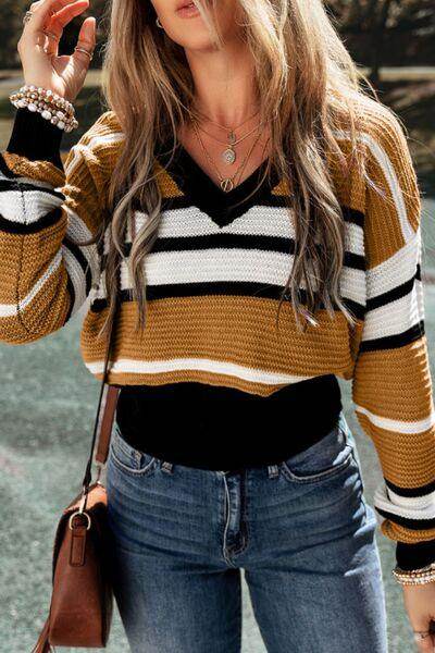 Contrast Stripes V Neck Long Sleeve Sweater for Women - Selvanelle