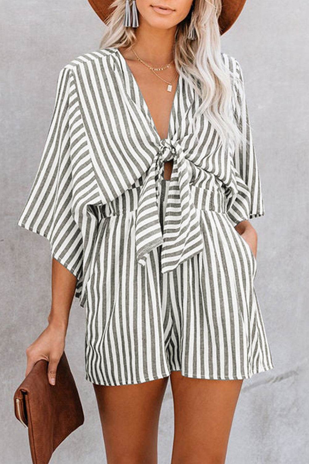 Bow Striped Kimono Sleeve Romper - Selvanelle