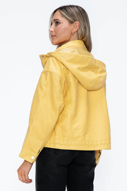 How Dare U Drawstring Hem PU Leather Zip Up Jacket for Women - Selvanelle