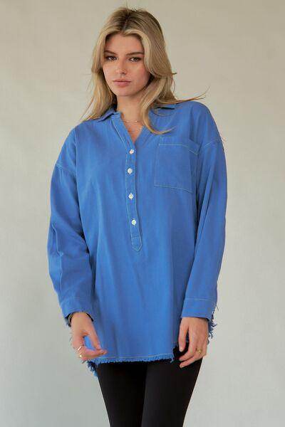 Davi & Dani Letter Back Raw Hem Half Button Shirt Chic - Selvanelle