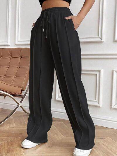 Drawstring Elastic Waist Pants with Pockets for Women - Selvanelle
