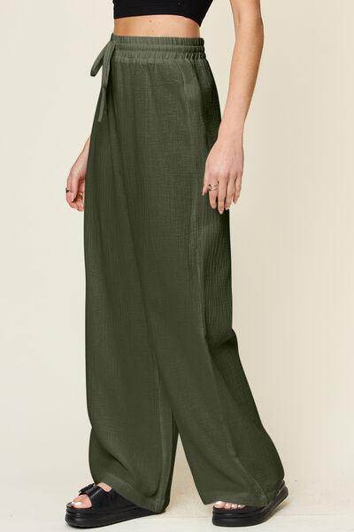 Double Take Full Size Texture Drawstring Wide Leg Pants - Selvanelle