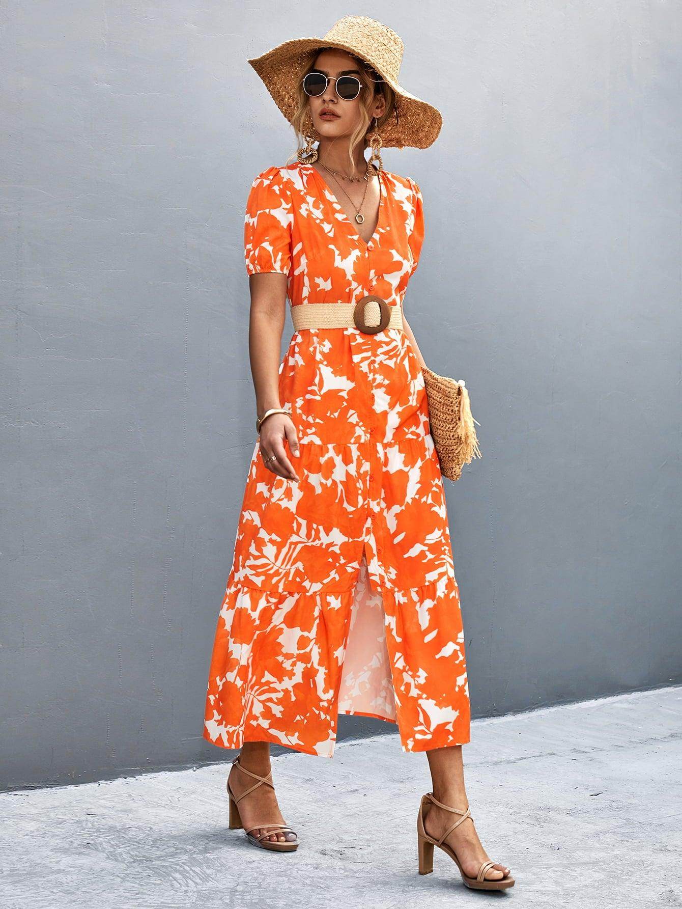 V-Neck Short Sleeve High Slit Midi Dress for Chic Style - Selvanelle