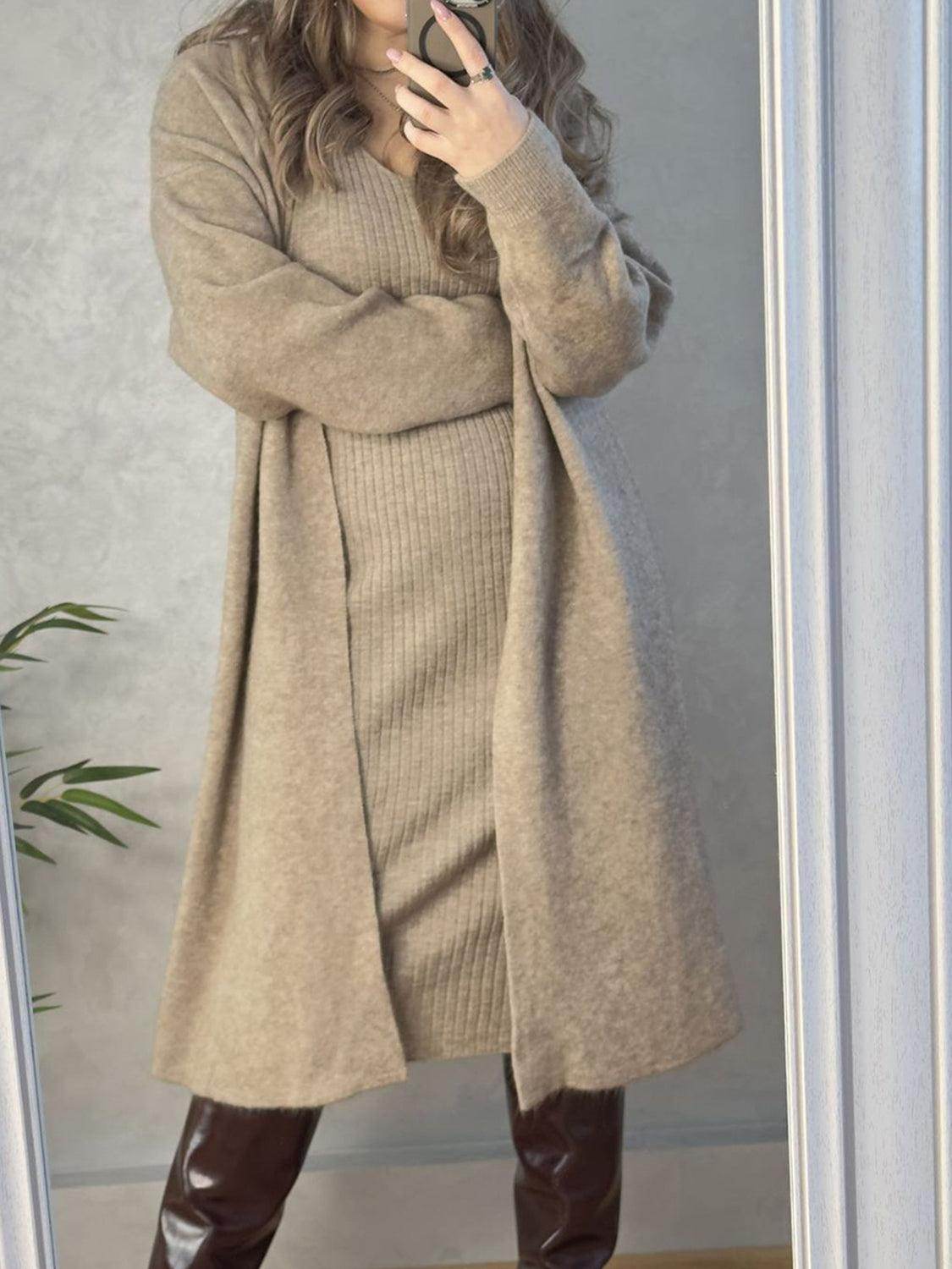 V-Neck Cami Dress and Open Front Cardigan Sweater Set - Selvanelle