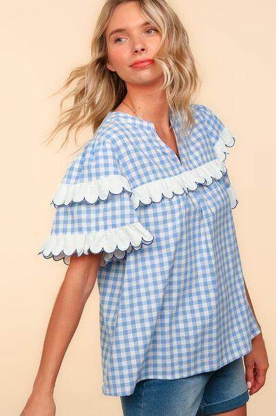 Haptics Full Size Plaid Scallop Hem Notched Blouse - Selvanelle