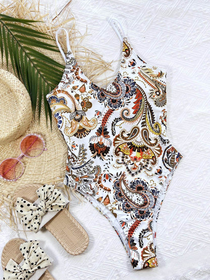 Printed Tie Back Scoop Neck One-Piece Swimsuit - Selvanelle