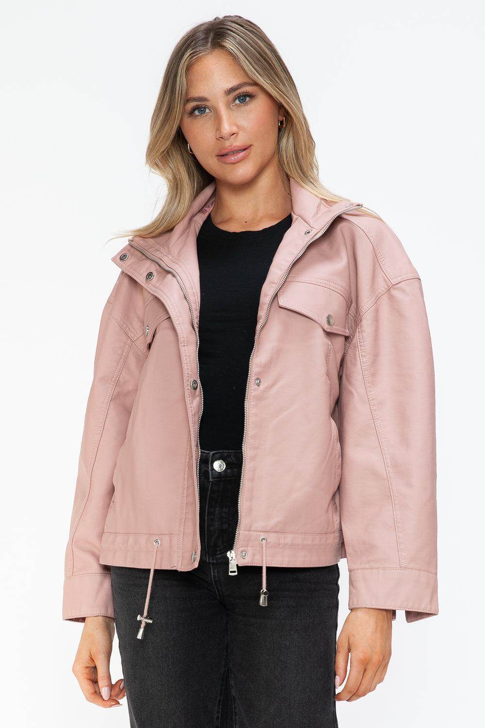 How Dare U Drawstring Hem PU Leather Zip Up Jacket for Women - Selvanelle