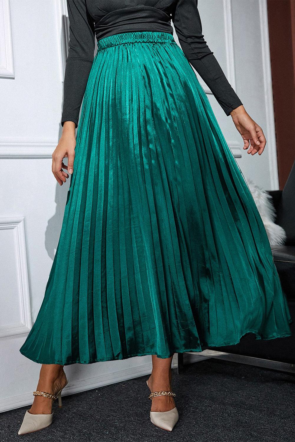 Elastic Waist Pleated Midi Skirt for Stylish Comfort