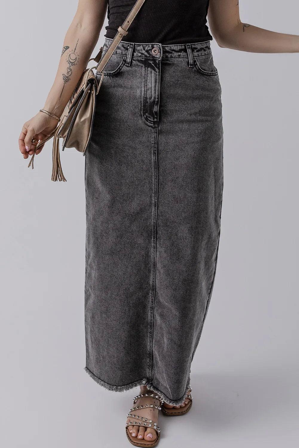 Raw Hem Midi Denim Skirt with Pockets for Women