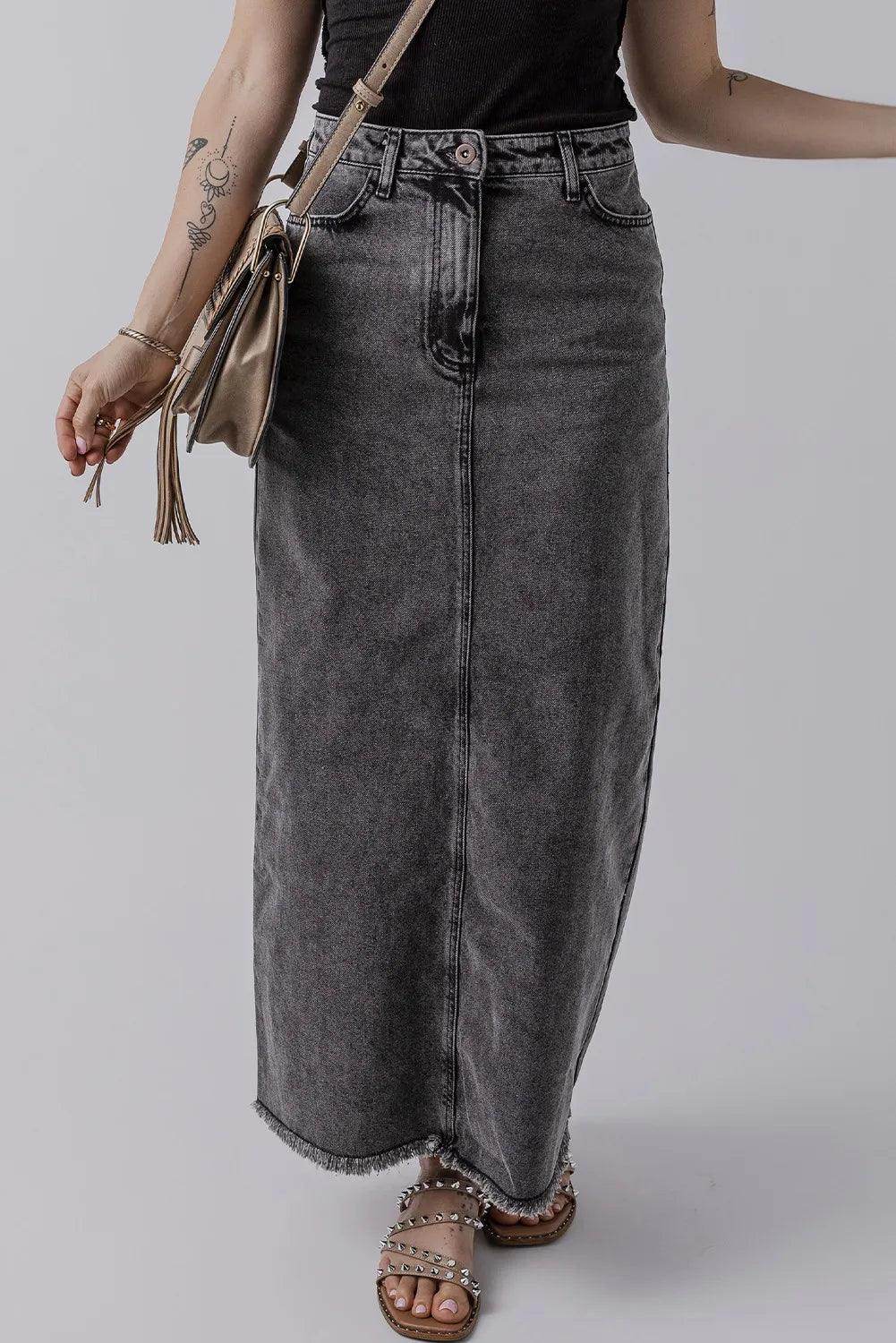 Raw Hem Midi Denim Skirt with Pockets for Women - Selvanelle