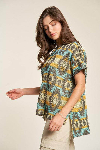 Davi & Dani High-Low Geometric Round Neck Knit Top Stylish - Selvanelle