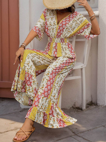 Perfee Ruffled Hem Printed V-Neck Jumpsuit - Selvanelle