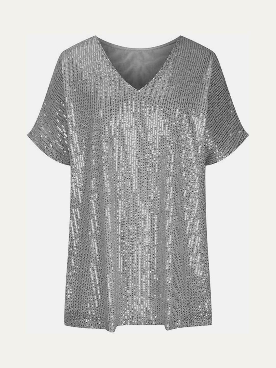 Full Size Sequin V-Neck Short Sleeve Top for Women - Selvanelle
