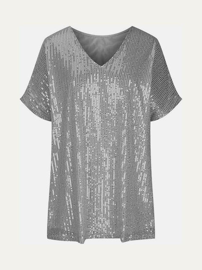 Full Size Sequin V-Neck Short Sleeve Top for Women - Selvanelle